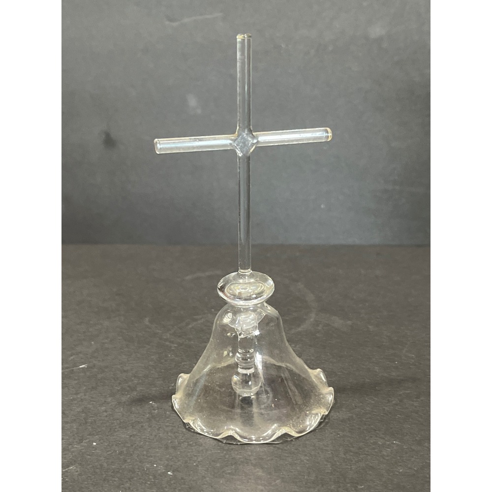 Hand Blown Clear Glass Bell with Cross Finial Ruffled Edge Religious Decor
